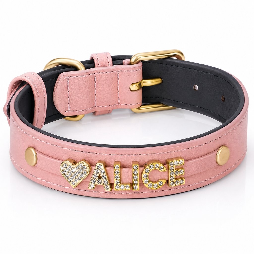 Coleira Personalizada em Couro PU Acolchoado com Strass para Cães | Pingente Gravado
