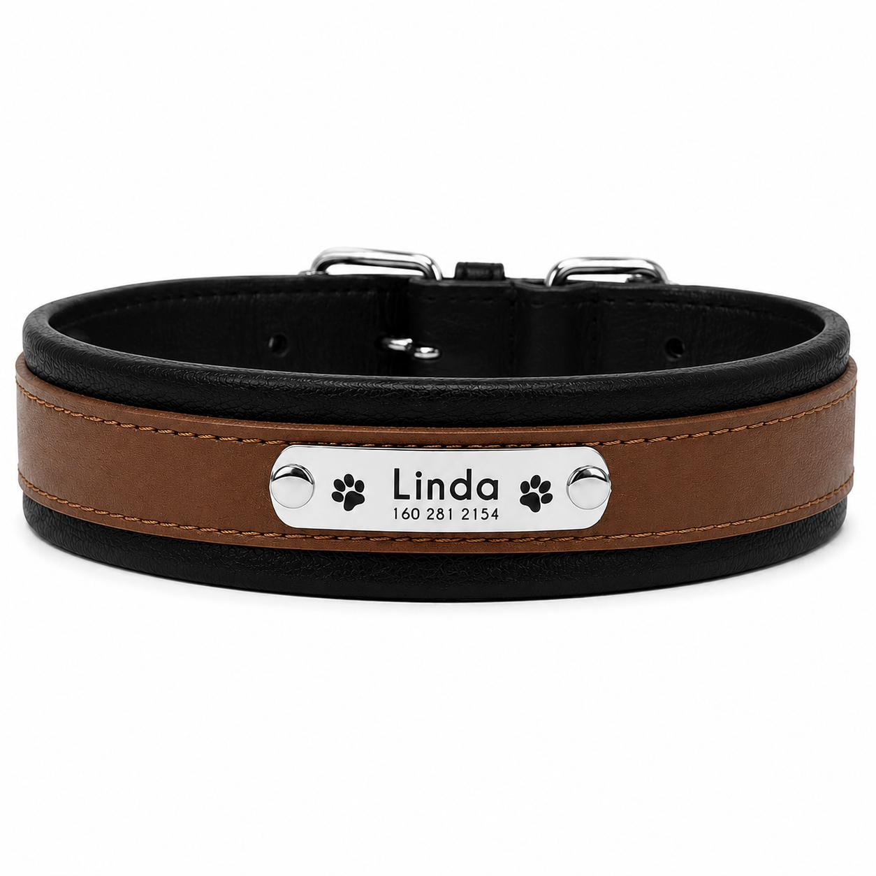 Coleira Personalizada em Couro para Cães de Grande Porte com Placa de Identificação Gravada