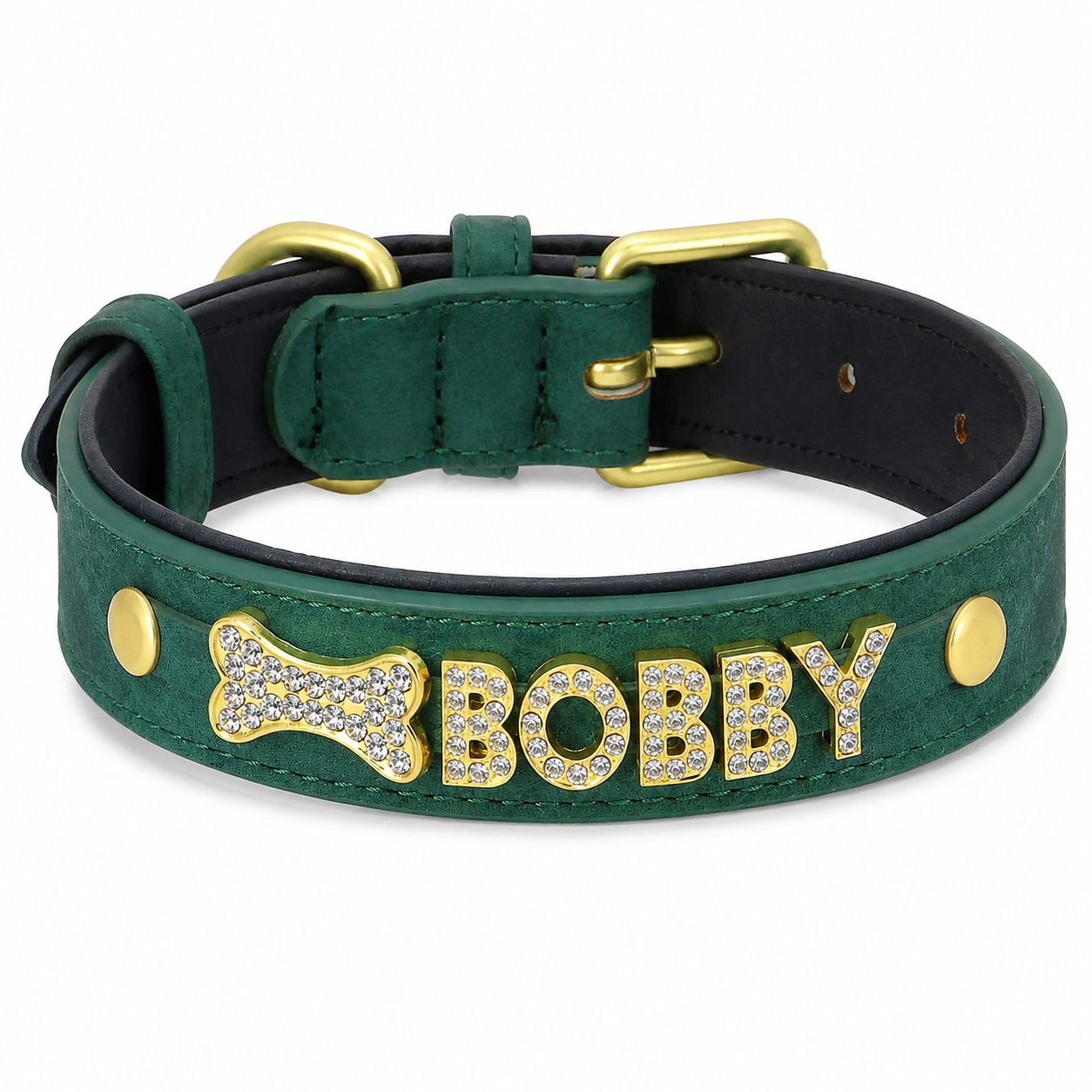 Coleira Personalizada em Couro PU Acolchoado com Strass para Cães | Pingente Gravado
