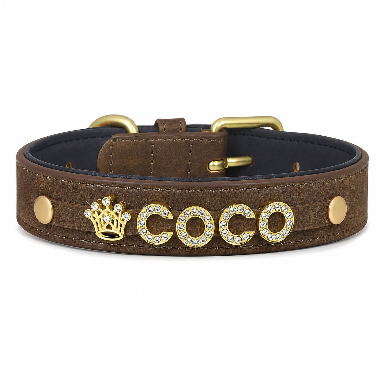 Coleira Personalizada em Couro PU Acolchoado com Strass para Cães | Pingente Gravado