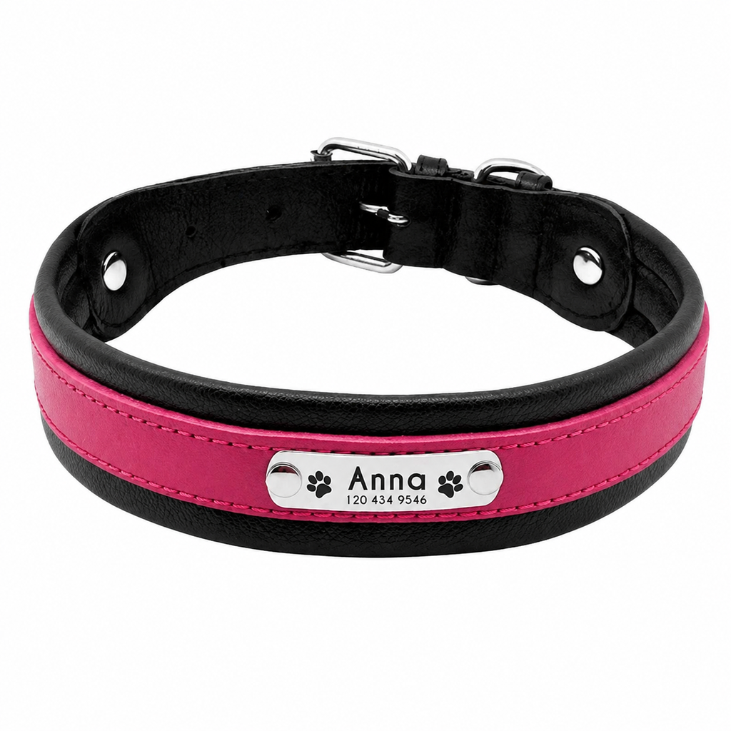 Coleira Personalizada em Couro para Cães de Grande Porte com Placa de Identificação Gravada
