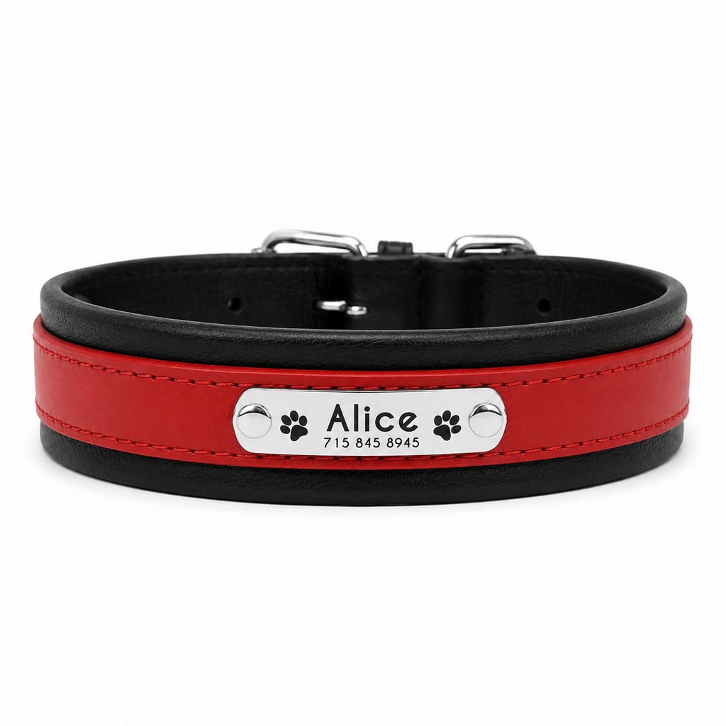 Coleira Personalizada em Couro para Cães de Grande Porte com Placa de Identificação Gravada