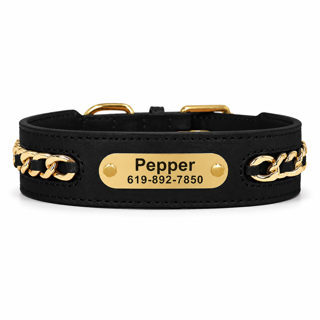 Coleira Personalizada em Couro para Cães com Placa de Identificação Gravada